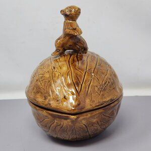Vintage Handcrafted Holland Mold Squirrel‎ Nut Bowl With Lid